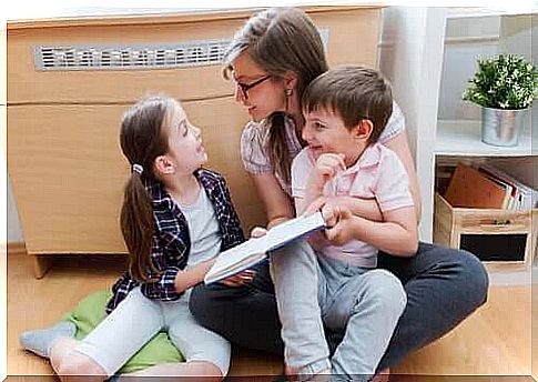 Mother reads to her children