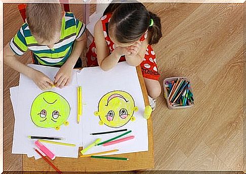 children draw happy and sad old man