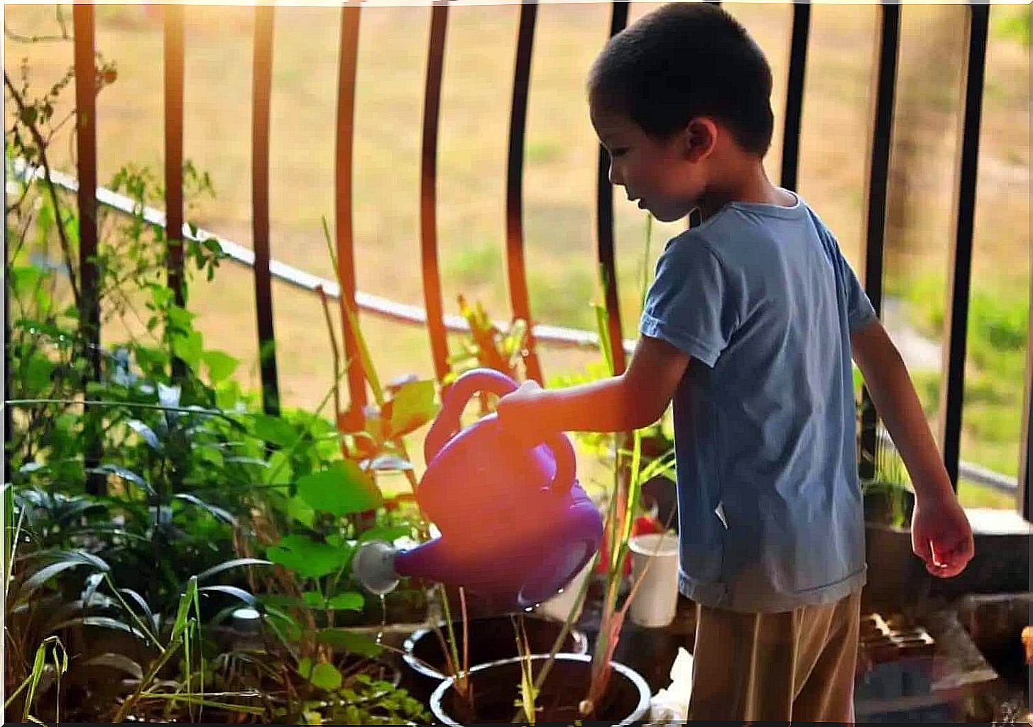 A child who learns to take responsibility by watering the flowers